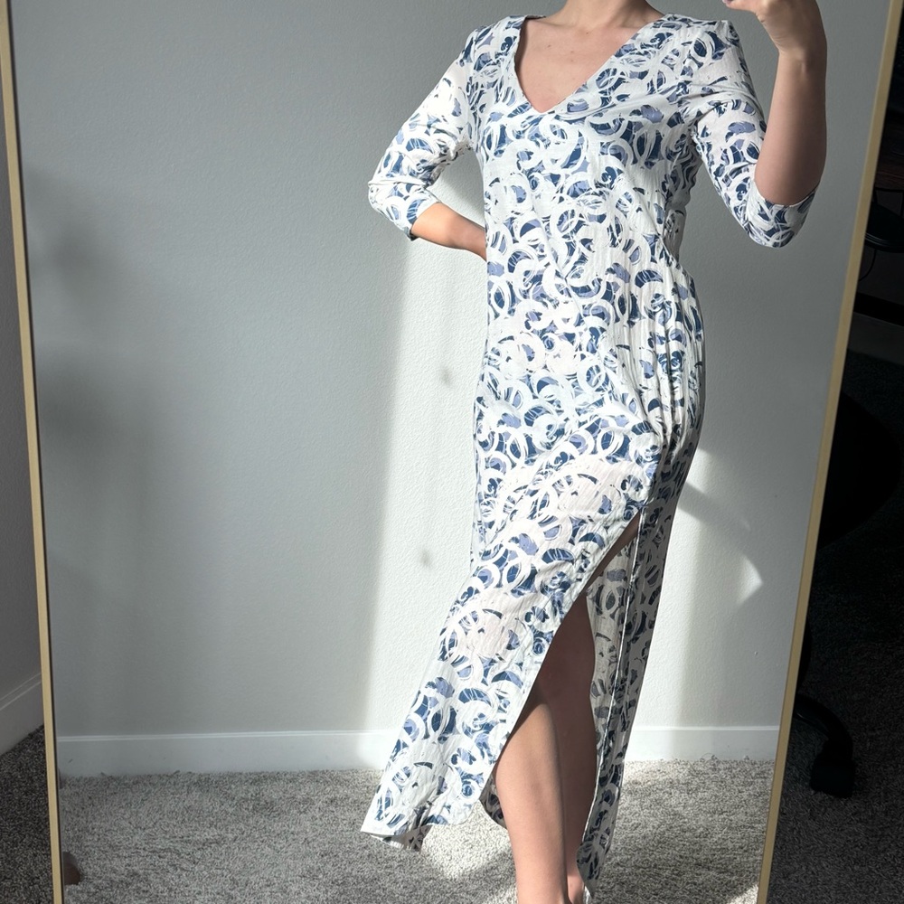 The Plunge Collective Silk Blend Resort Midi Dress Blue White M Lagenlook